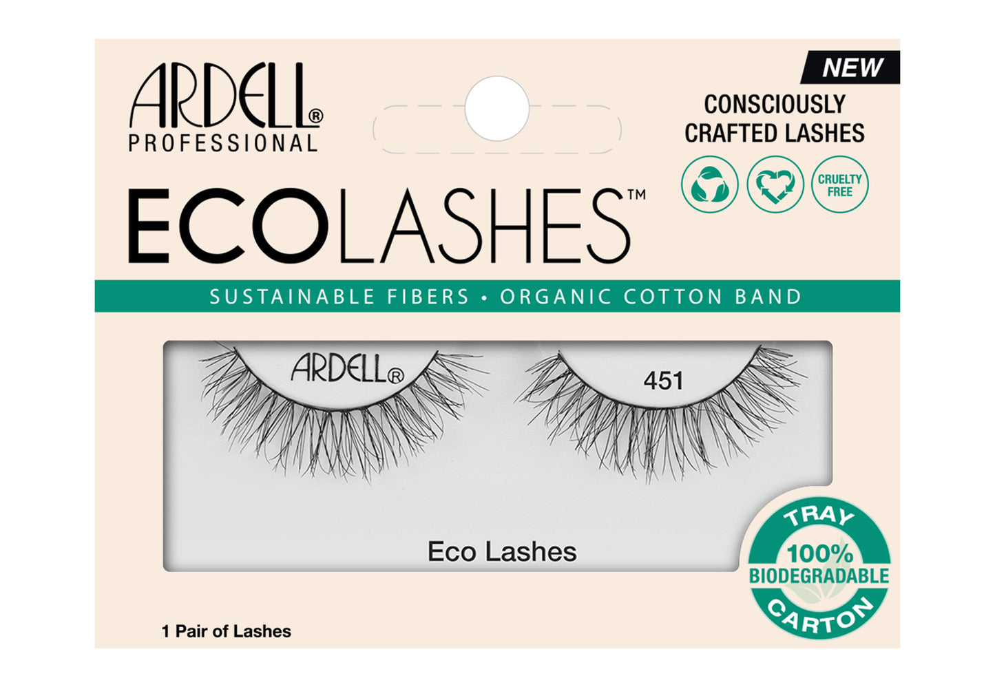 Frontview of a wall-hook ready retail pack of Ardell's Ecolashes 451 with printed label text