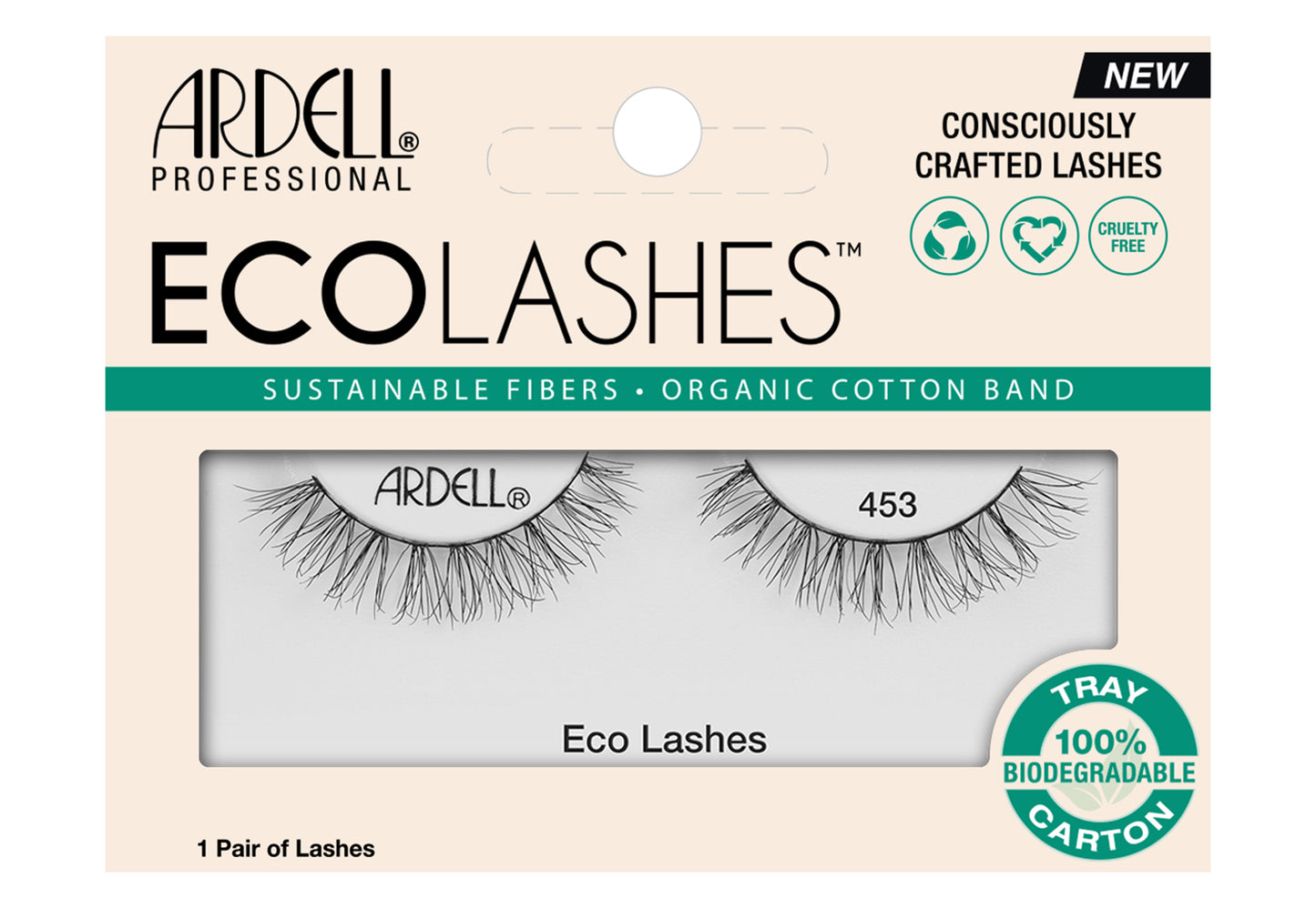 Frontview of a wall-hook ready retail pack of Ardell's Ecolashes 453 with printed text