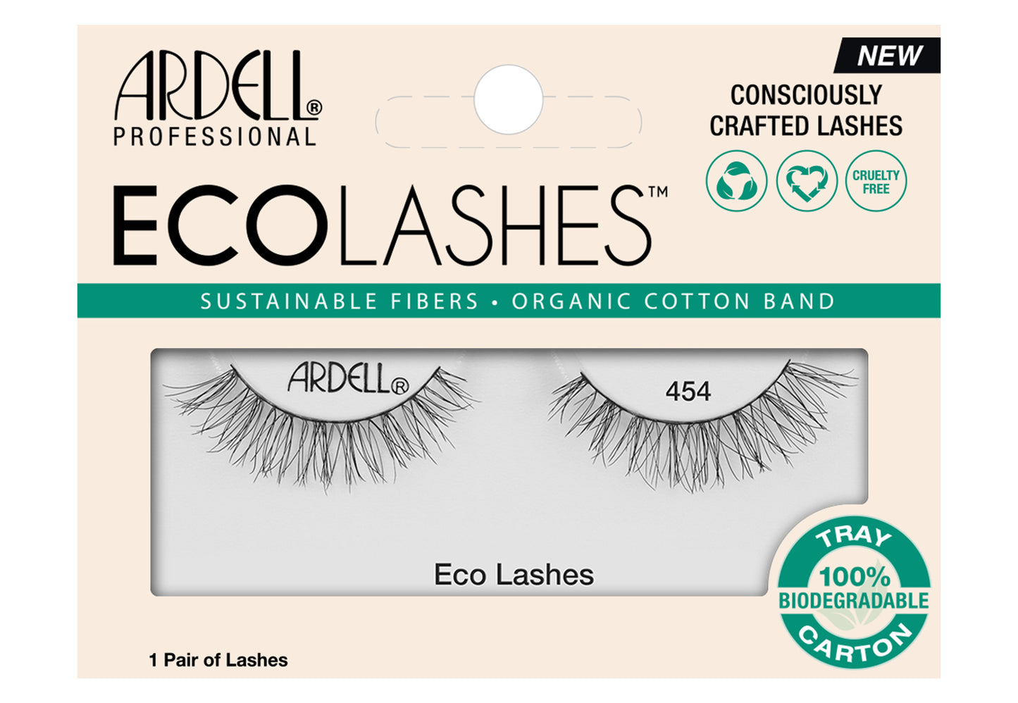 Frontview of a wall-hook ready retail pack of Ardell's Ecolashes 454 with printed text