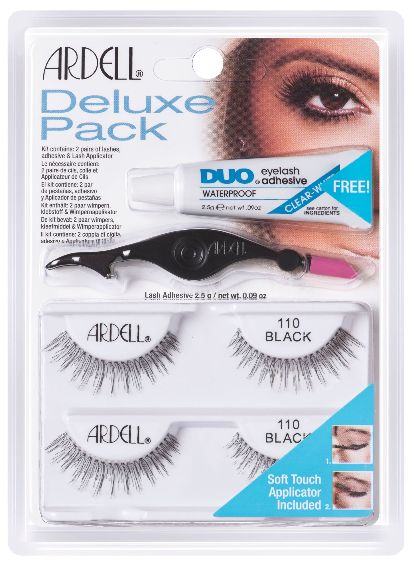 Set of Ardell Deluxe Pack contains two pairs of 110 lashes, DUO adhesive & soft-touch applicator inside its retail packaging