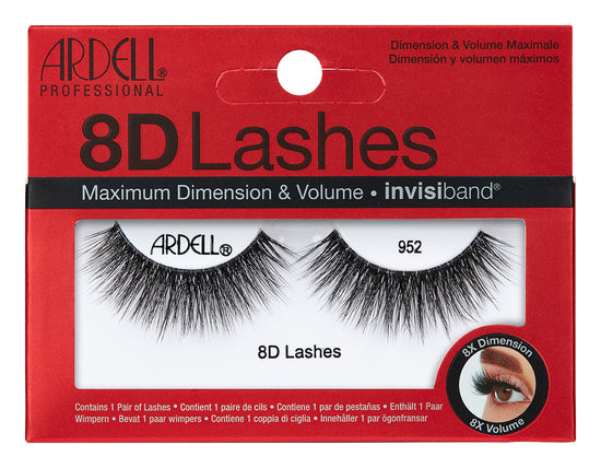 Front view of Ardell 8D Lash 952 placed inside its retail packaging, with some texts written on it