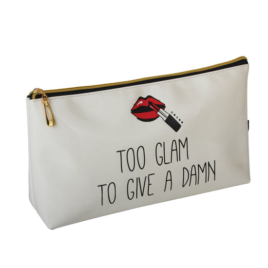 Fancy Metal Goods Cosmetic wash/makeup bag 'TOO GLAM TO GIVE A DAMN' Cream (Large Wash/cosmetic bag (30cm x 16.5 x 8cm))