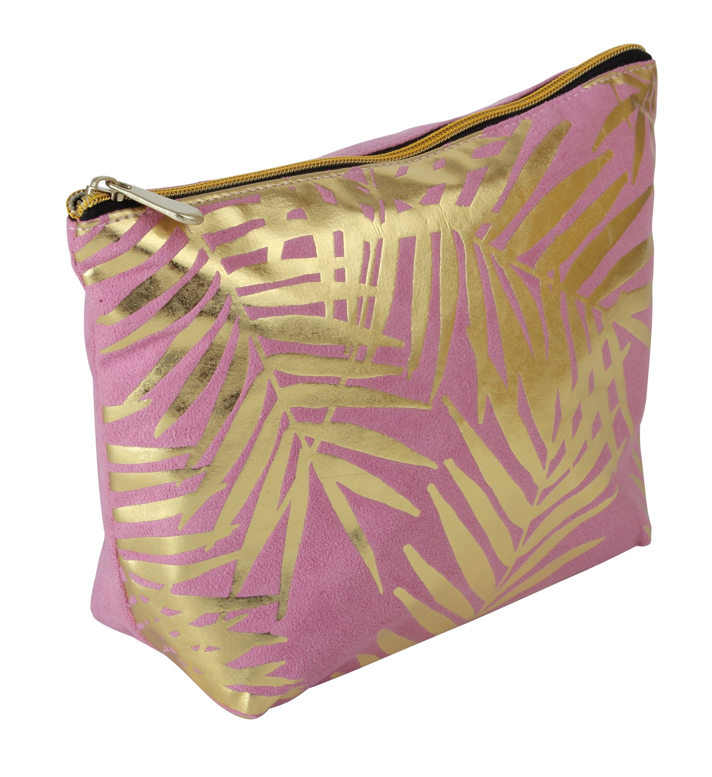 Fancy Metal Goods Pink Velvet with Gold Foil Palm Leaves Cosmetic Bag