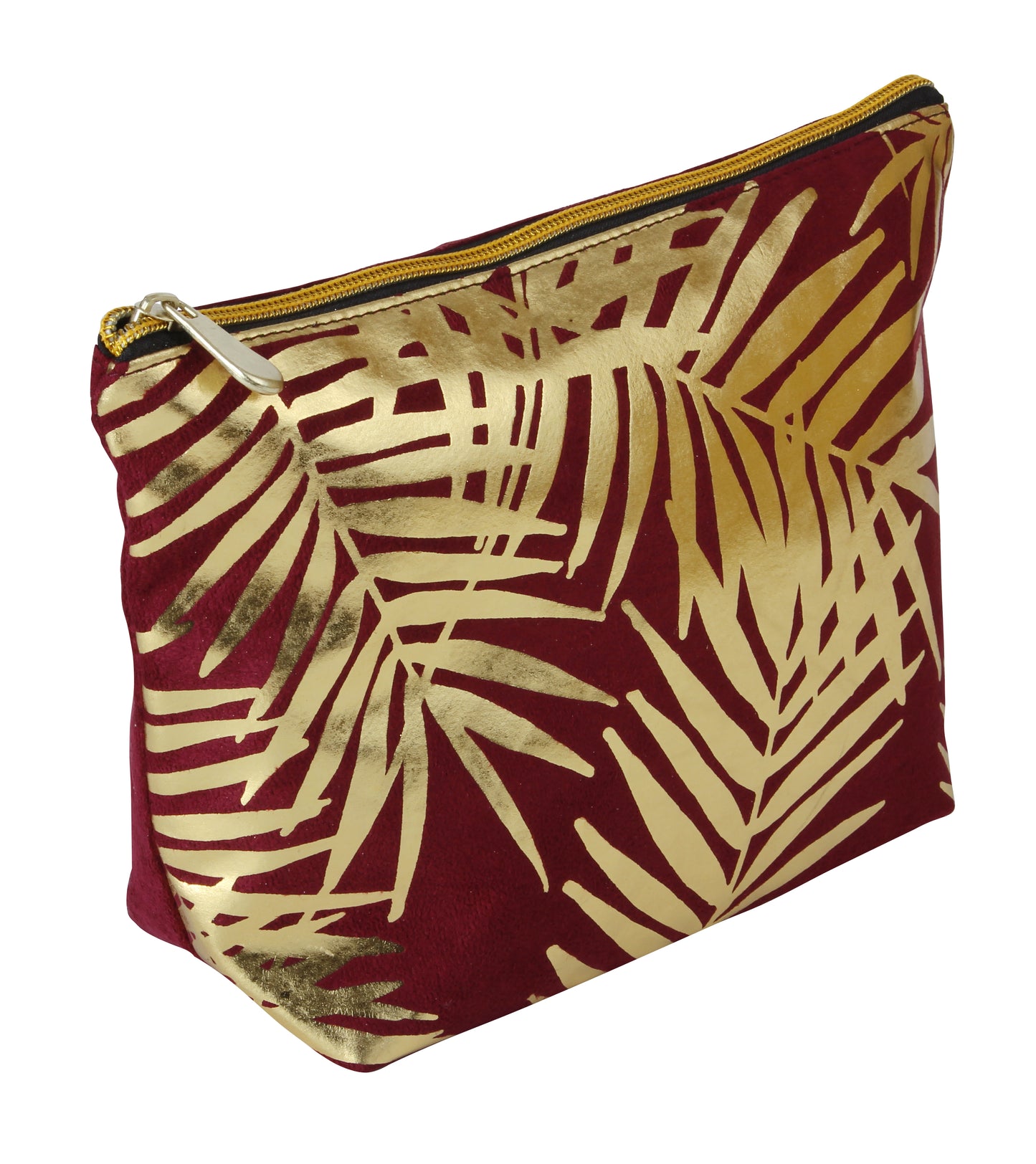 Load image into Gallery viewer, Fancy Metal Goods Burgundy Velvet with Gold Foil Palm Leaves Cosmetic Bag
