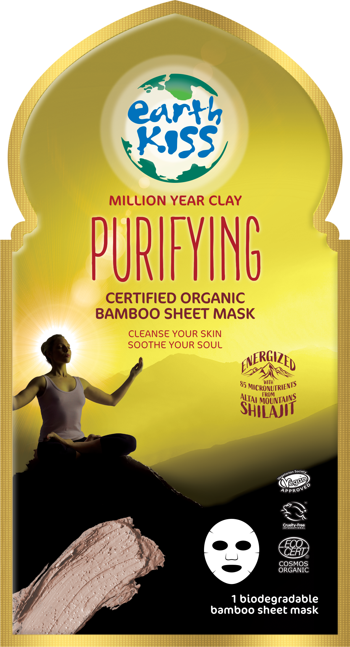 Earth Kiss Inspirations Purifying Organic Bamboo Sheet Mask with Shilajit and Million Year Clay to Cleanse Your Skin