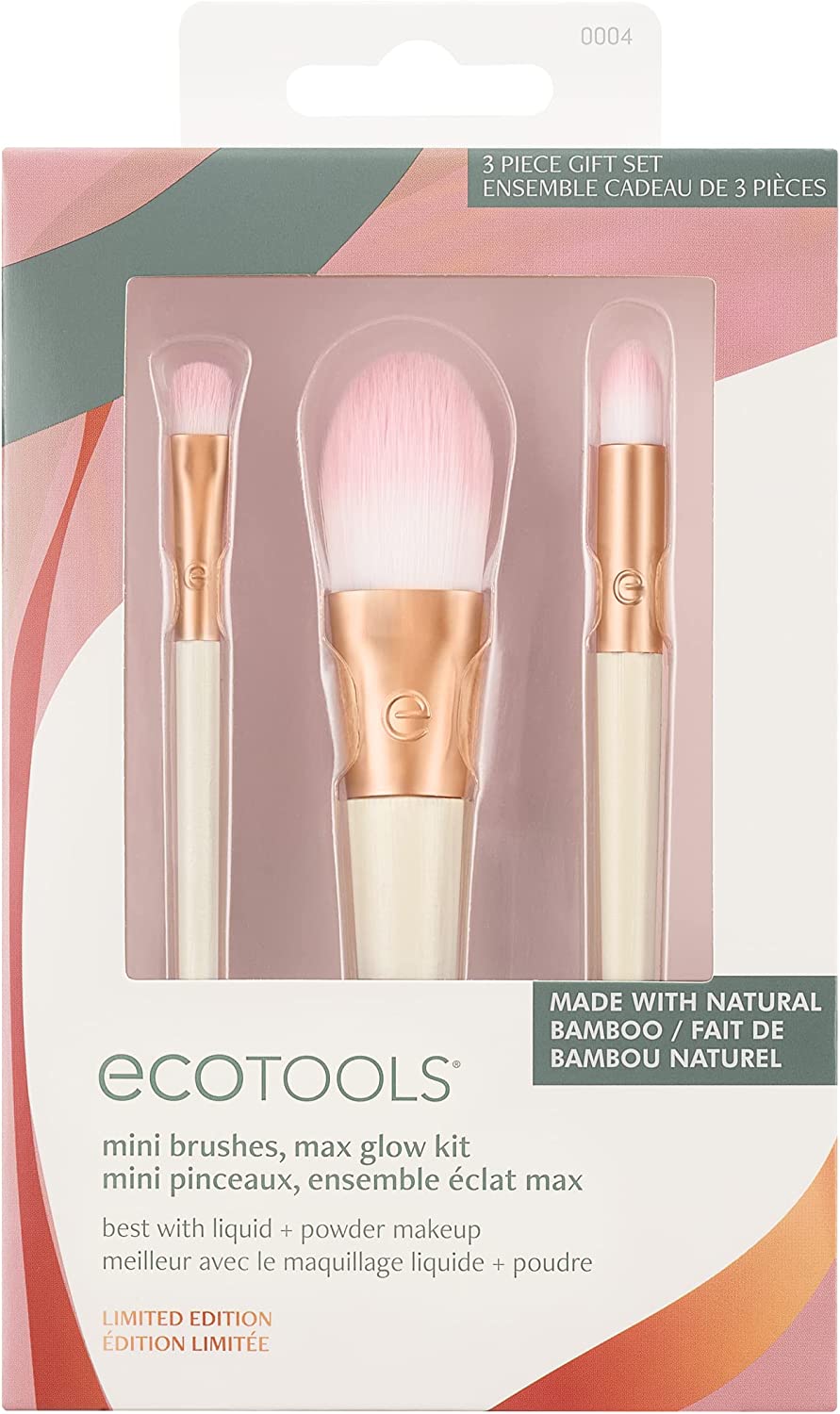 EcoTools Limited Edition Mini Brushes, Max Glow Makeup Brush Kit, Eye Makeup & Face Brushes, For Powder, Liquids, and Creams, 3 Piece Gift Set