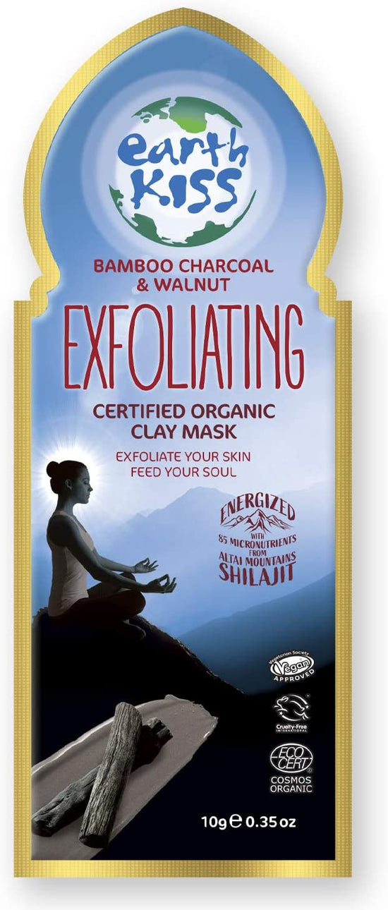 Earth Kiss Inspirations Exfoliating Organic Clay Mask (10g) with Shilajit, Bamboo Charcoal and Walnut to Exfoliate Your Skin