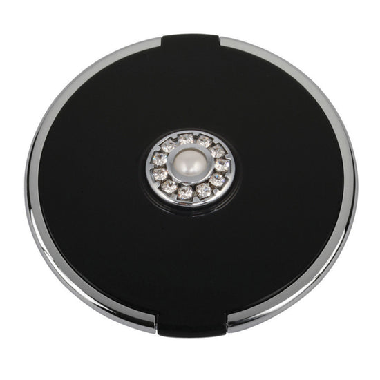 Fancy Metal Goods Pearl & Crystal Compact Round Black with 5X Magnification