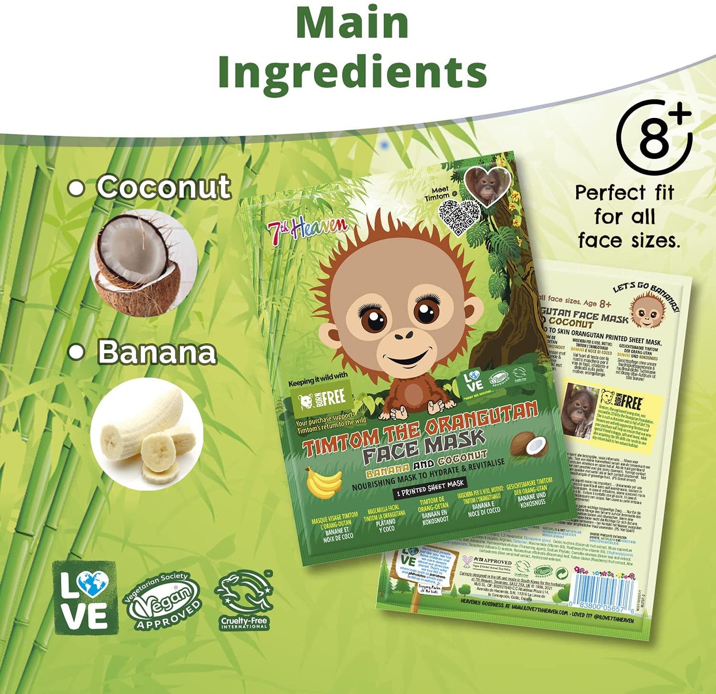7th Heaven Born Free TimTom Orangutan Sheet Face Mask Enriched with Banana and Coconut to Nourish, Hydrate and Revitalise Skin - Ideal for All Skin Types, Fun for Parties and Selfies (Ages 8+)