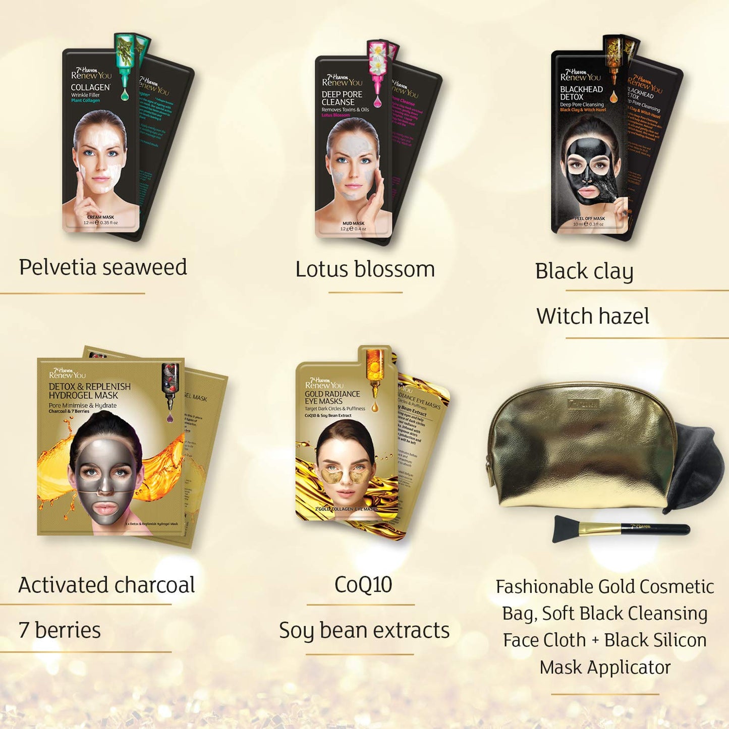 7th Heaven Renew You Pure Indulgence Gift Set - Includes a Variety of Renew You Masks with Gold Cosmetics Bag, Soft Black Cleansing Face Cloth and Black Silicon Mask Applicator