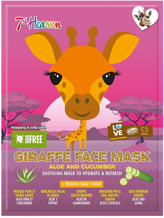 7th Heaven Born Free Giraffe Sheet Face Mask Multipack (Pack of 4) with Cucumber and Aloe Vera to Soothe, Hydrate and Refresh Skin - Ideal for All Skin Types, Fun for Parties and Selfies (Ages 8+)