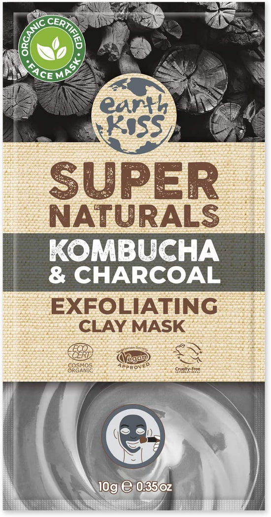 Earth Kiss Super Naturals Exfoliating Kombucha and Charcoal Clay Mask (10g) to Cleanse and Exfoliate while Minimising the Appearance of Pores