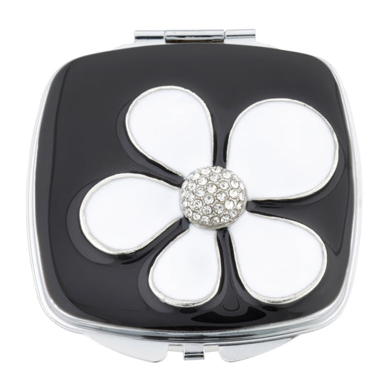 Fancy Metal Goods Crystal Mirror Compact ‘White Daisy’ with Crystal Centre
