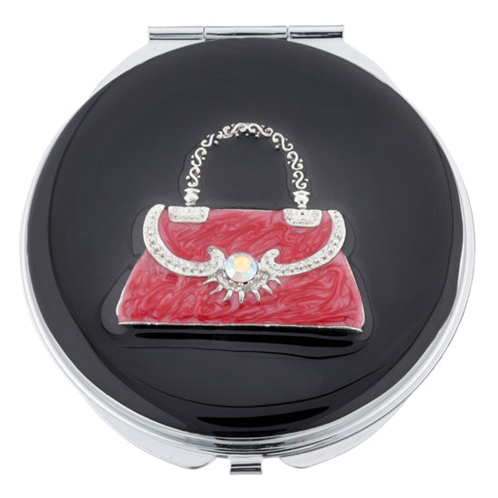 Fancy Metal Goods Compact Mirror with Red Handbag Design of Swarovski Crystals and Pearl