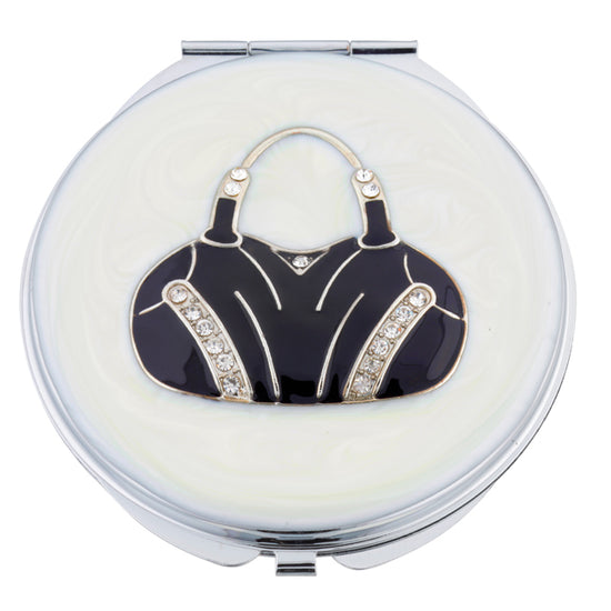 Fancy Metal Goods Crystal Mirror Compact ‘Black Handbag’