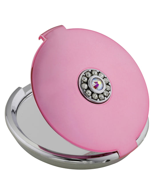 Load image into Gallery viewer, Fancy Metal Goods Crystal Compact Round Metallic Pink with 5X Magnification
