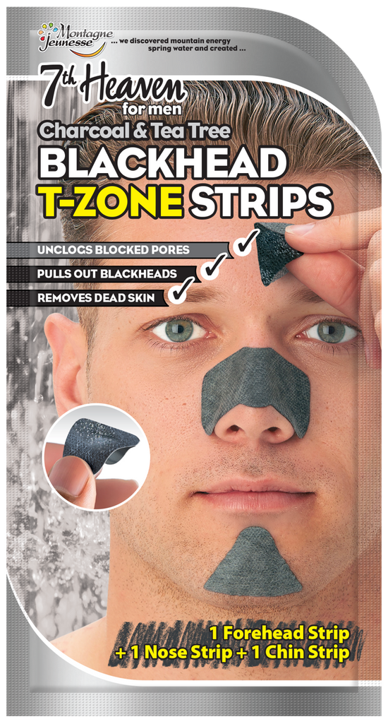 7th Heaven for Men - Blackhead T-Zone Strips with Activated Charcoal and Tea Tree to Unclog Blocked Pores, Remove Blackheads and Remove Dead Skin (Contains 3 Forehead, 3 Nose and 3 Chin Strips)