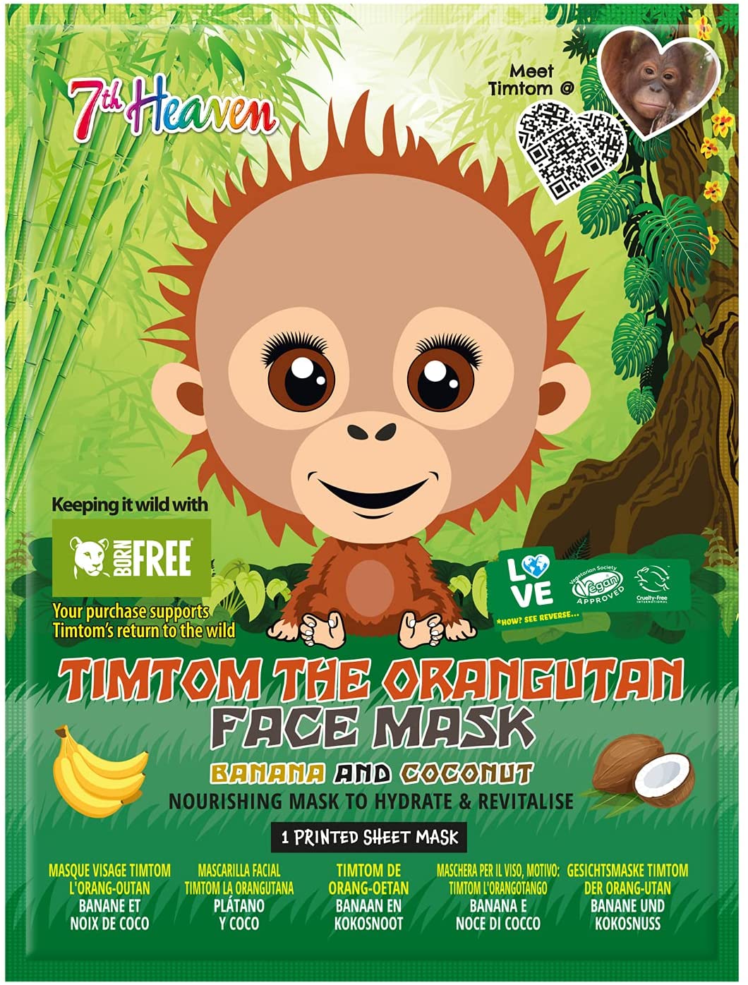 7th Heaven Born Free TimTom Orangutan Sheet Face Mask Enriched with Banana and Coconut to Nourish, Hydrate and Revitalise Skin - Ideal for All Skin Types, Fun for Parties and Selfies (Ages 8+)