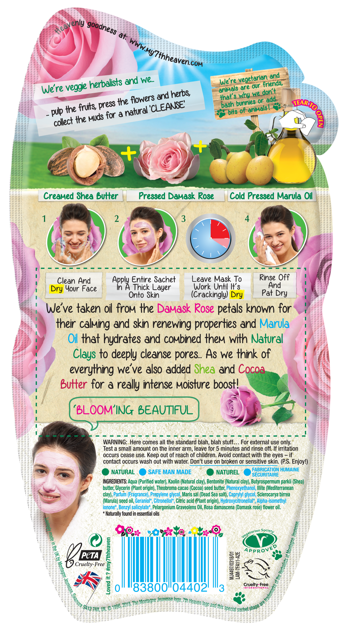 7th Heaven Pink Rose Clay Hard Drying Mud Face Mask with Shea Butter, Damask Rose and Marula Oil to Cleanse and Hydrate Skin - Ideal for Normal, Combination and Dry Skin