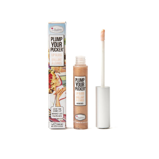 theBalm cosmetics PLUMP YOUR PUCKER® Lip Gloss Overstate - sheer light nude with golden glitter