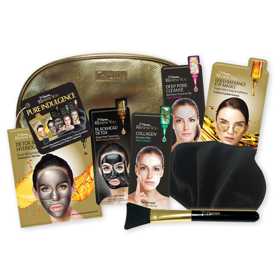 7th Heaven Renew You Pure Indulgence Gift Set - Includes a Variety of Renew You Masks with Gold Cosmetics Bag, Soft Black Cleansing Face Cloth and Black Silicon Mask Applicator