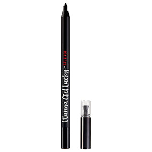 Close-up of an Ardell Wanna Get Lucky Gel Liner Ink-Jet Black standing upright side by side with its cap