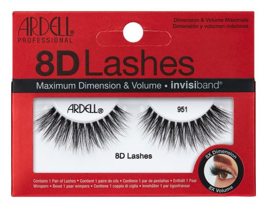 A pair of Ardell 8D Lash 951 placed inside its retail packaging, with some texts written on it