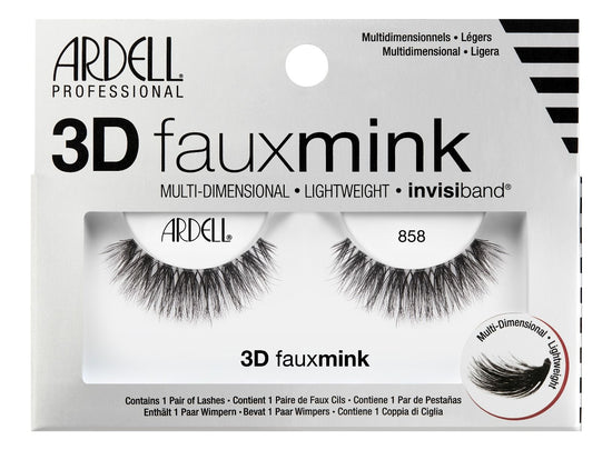  A single pair of Ardell's Faux Mink 858 eyelash inside its box indicating details on the packaging