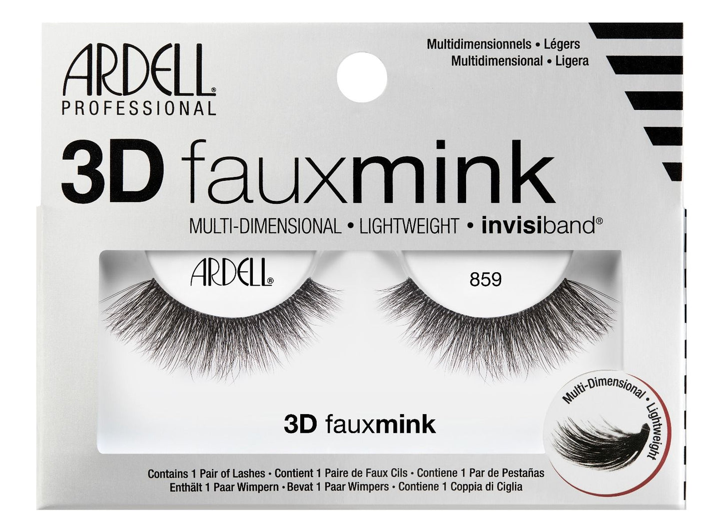 A single pair of 3D Faux mink 859 by Ardell in its retail packaging with some features written on it
