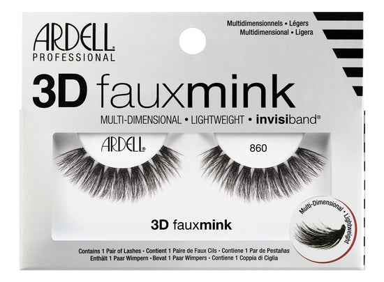 A single pair of Ardell's 3D Faux Mink 860 eyelash inside its box indicating details on the packaging