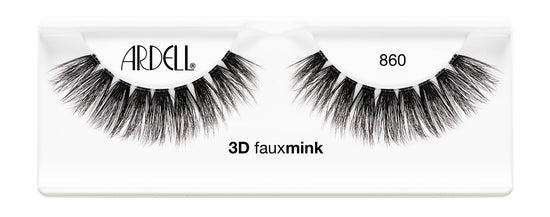 A closeup shot of Ardell's Faux mink 860 lashes in pair showing its rounded, full, long, natural lashes