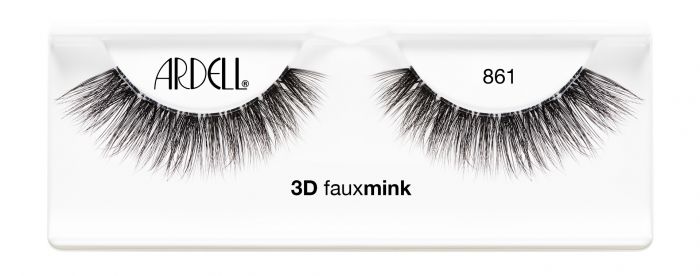 A model wearing Ardell's 3D Faux mink 861 with open right eye showing its flared, winged-out & natural lash look