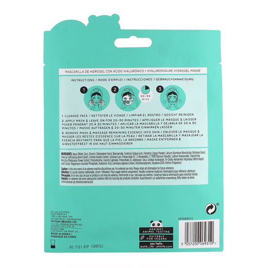 Oh K! Hyaluronic Sheet Mask, for Dry and Dehydrated Skin, Plumping and Smoothing Effect, Vegan and Cruelty Free, 40g